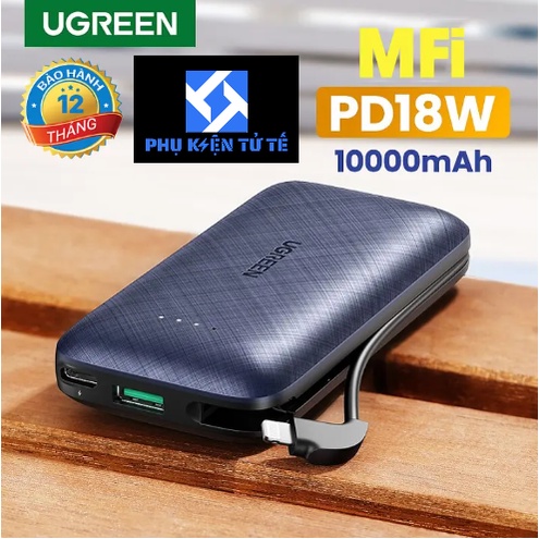 Sạc dự phòng hổ trợ sạc nhanh kèm cáp Apple MFi Lightning UGREEN 10000 mAh, model PB172, 80568, màu xanh dương, mới 100%