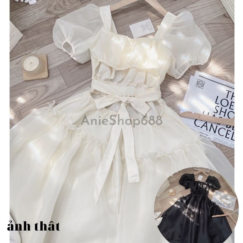 Đầm voan tơ cổ vuông nơ lưng ,váy công chúa cổ vuông tay bồng dáng dà ,maxi tay bồng bèo tầng ulzzang hàn quốc ANIESHOP
