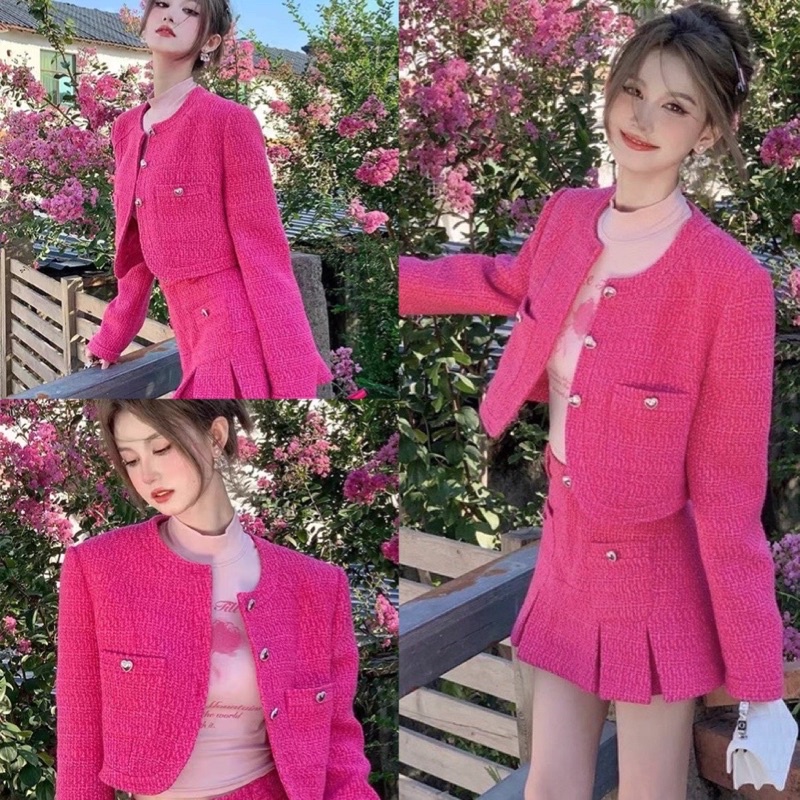Set áo khoác dạ dài tay+chân váy ngắn nút tim retro thanh lịch cổ điển SAM SAM BOUTIQUE