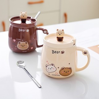 Ly cốc sứ hình gấu nâu có nắp kèm thìa 400ml dễ thương dùng uống nước, pha trà, pha cà phê