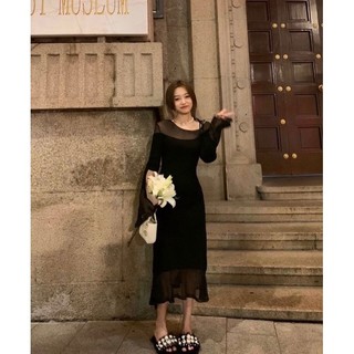ĐẦM MIDI ĐEN PHỐI VOAN LƯỚI ĐUÔI CÁ 🖤
