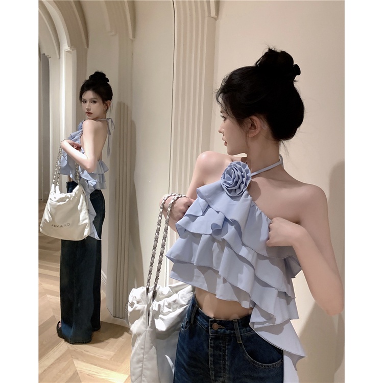 QADCOL Áo Hai Dây Hở Lưng Nhún Bèo Ôm Dáng Thời Trang Mùa Hè Quyến Rũ Cho Nữ