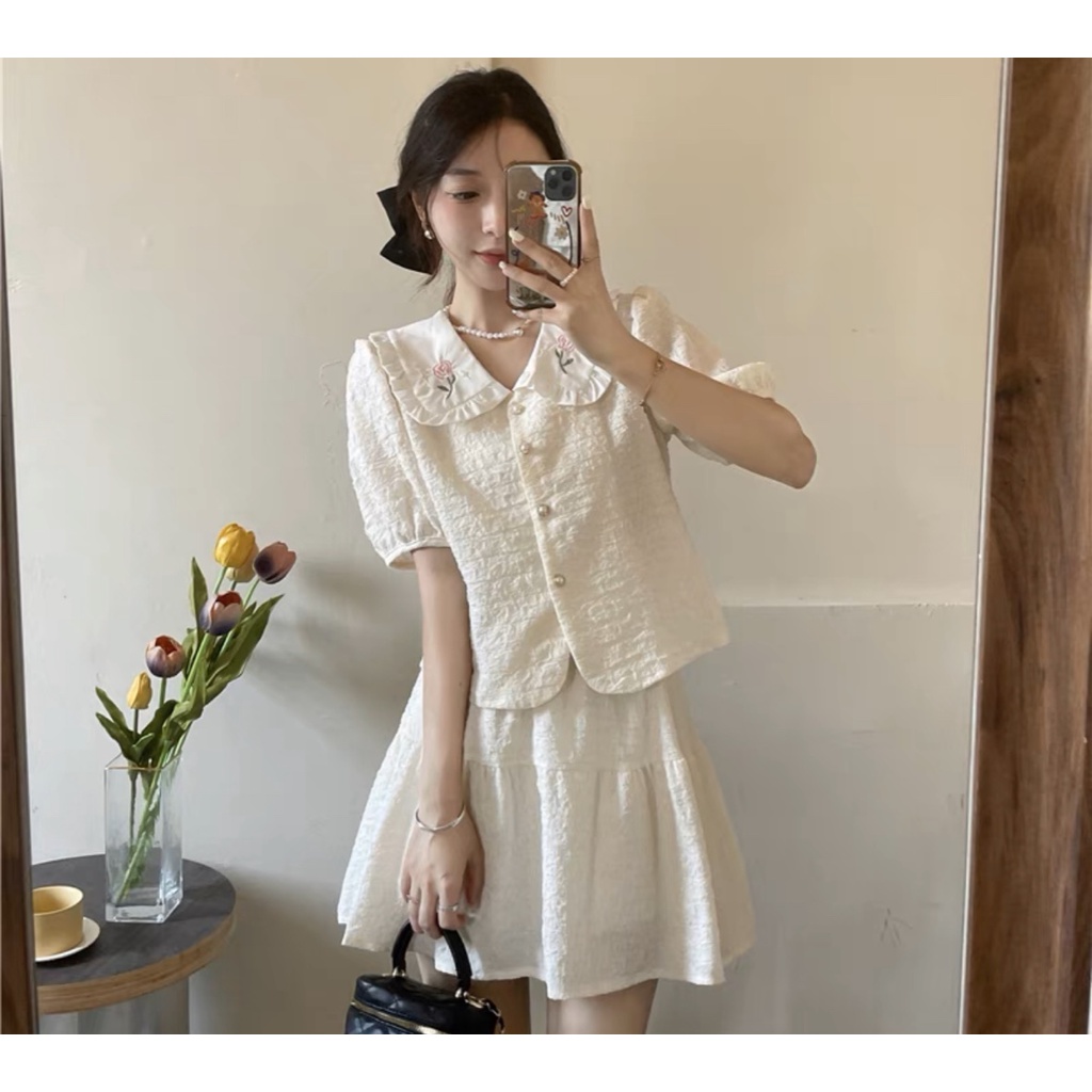 Sét áo váy chất đũi xốp lụa phối thêu hoa (tặng kèm bờm) - Retrostyle - Settheukembom089