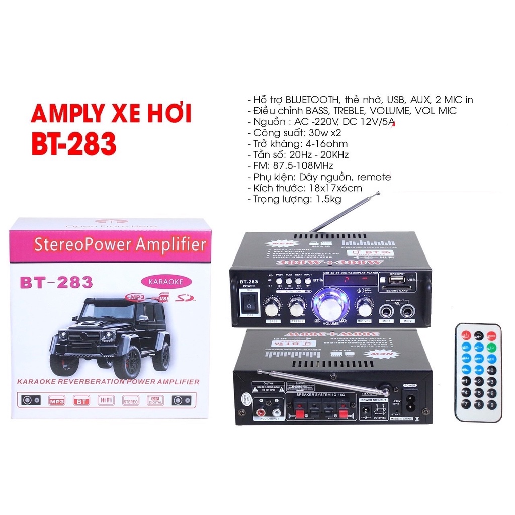 AMPLY MINI XE HƠI BT-283 CÓ BLUETOOTH,CÓ 2 ĐƯỜNG CẮM MICRO HÁT KARAOKE