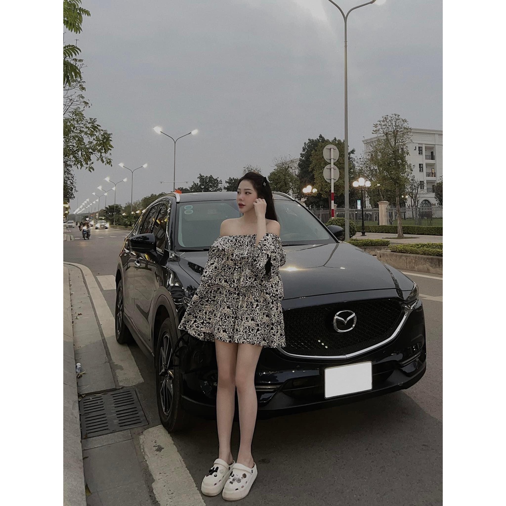 Áo váy trễ vai hoa dáng xoè chất vải mềm mịn 2 size siêu đáng yêu