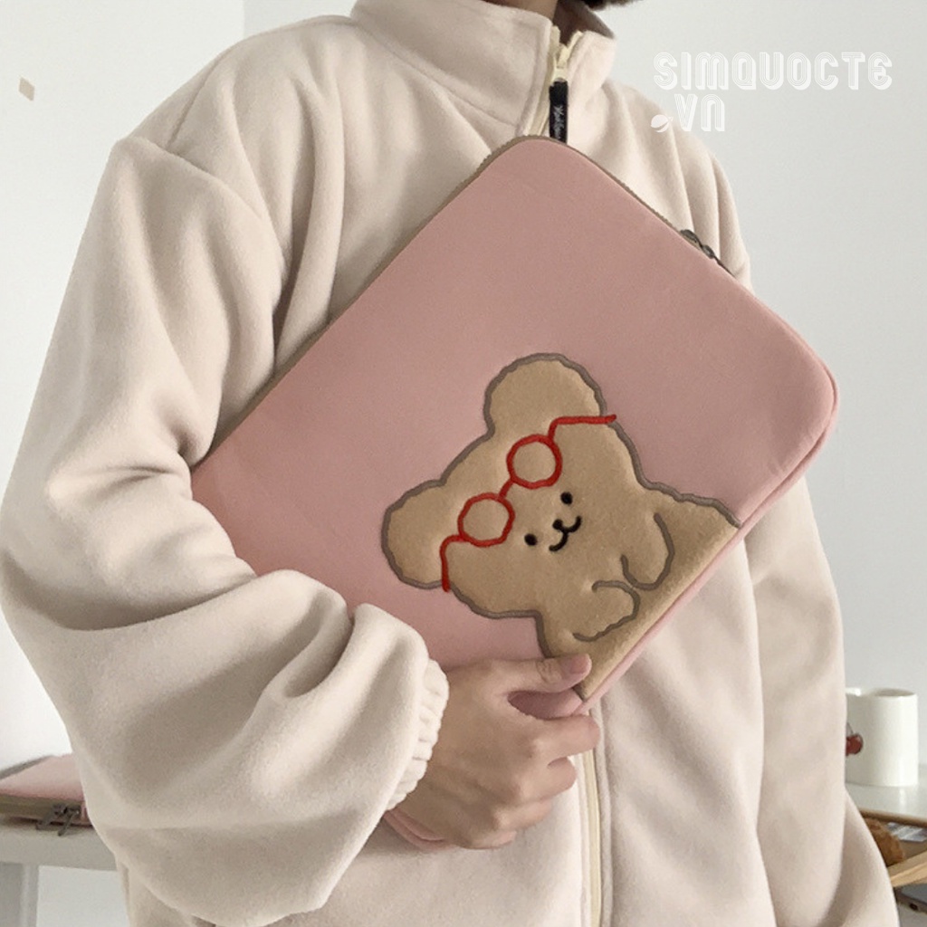 Túi đựng laptop hình gấu hồng đeo kính Bao đựng máy tính bảng chống sốc 11
