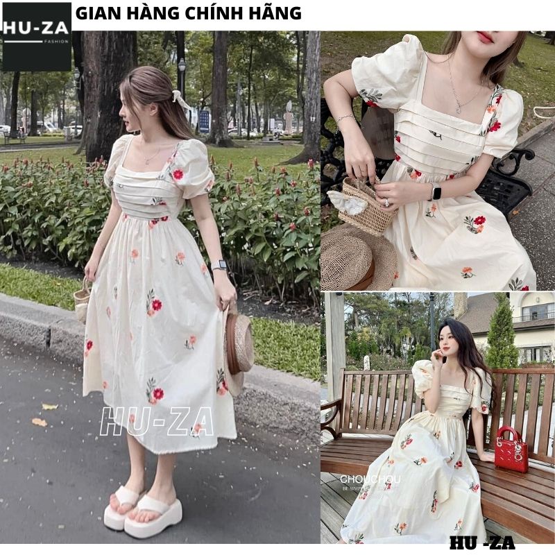 Đầm hoa tay bồng dáng xòe - Váy maxi thiết kế dáng dài nữ tính công chúa tiểu thư bánh bèo hàn quốc - HUZA