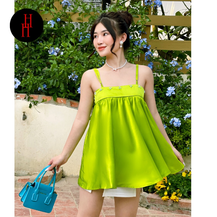 Áo babydoll HAF54 giấu quần hai dây thắt nơ lưng màu xanh neon đính hạt Hỉn Hỉn Store