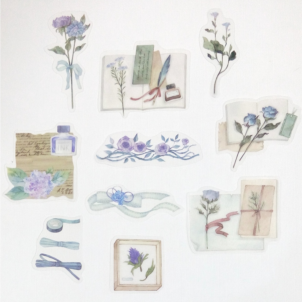 Sticker PET họa tiết hoa lá, nhãn dán vintage chất liệu nhựa trong