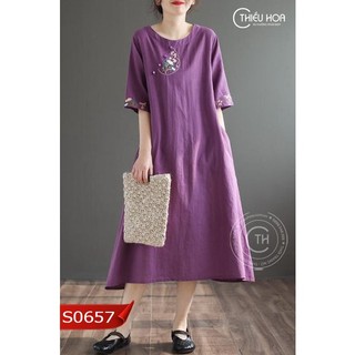 Đầm tặng mẹ trung niên chất liệu linen thun cao cấp, sáng trọng, form suông thoáng mát Thiều Hoa DD2S0657