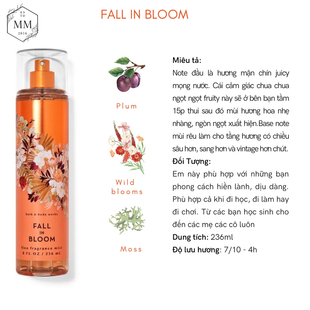 [Moomoocos] - Xịt thơm cơ thể Bath & Body Works Body Mist Fall in Bloom