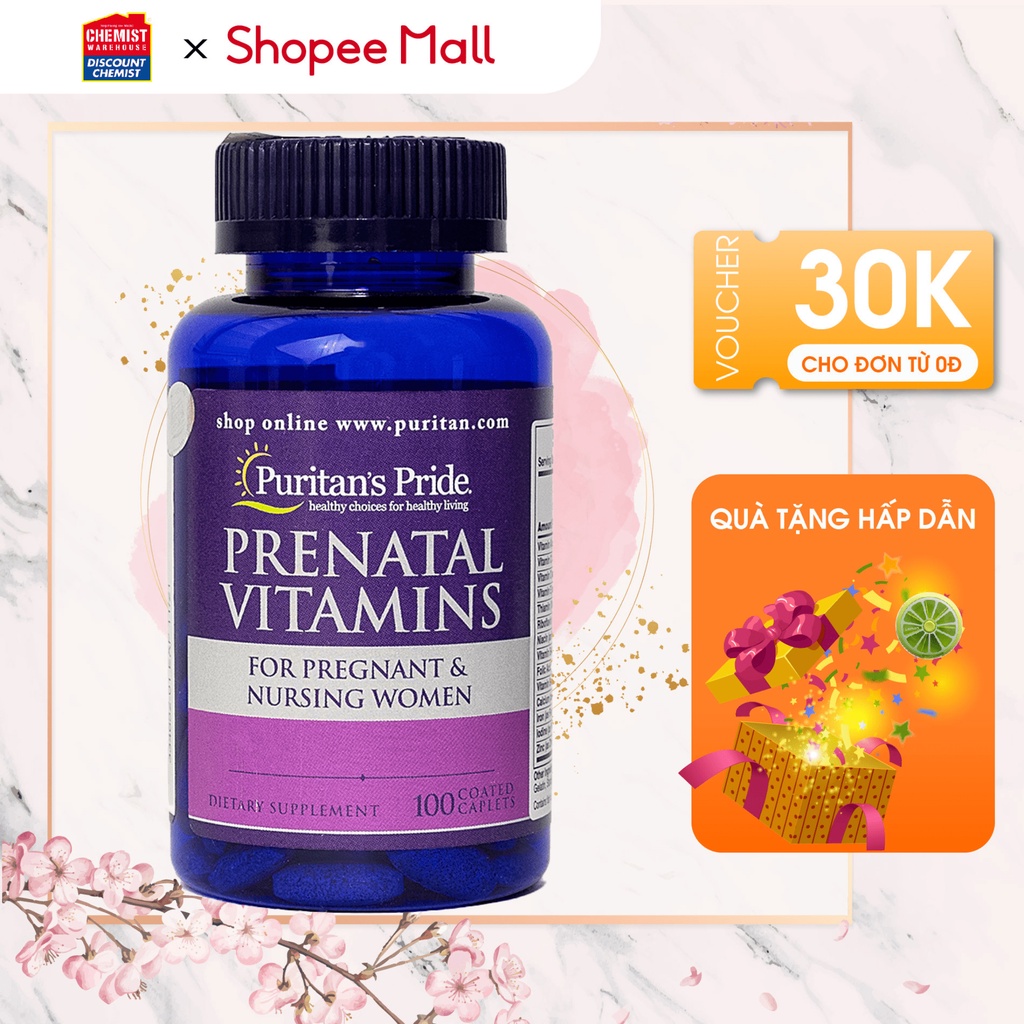 Vitamin tổng hợp mẹ bầu Puritan's Pride Prenatal Vitamins 100 viên bổ sung khoáng chất cho bà bầu và phụ nữ cho con bú