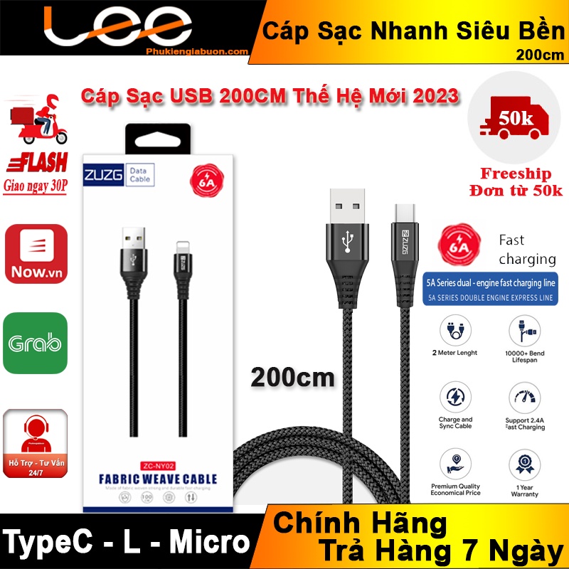 Cáp Sạc Nhanh, Hỗ Trợ Truyền Dữ Liệu Dù Chống Đứt  2.4A Data Cable 2M