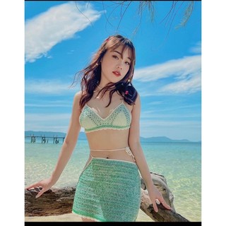 SET BIKINI MÓC LEN XANH ĐẬM NHẠT VÁY XẺ EO - DJ MIE MẶC HIMI097