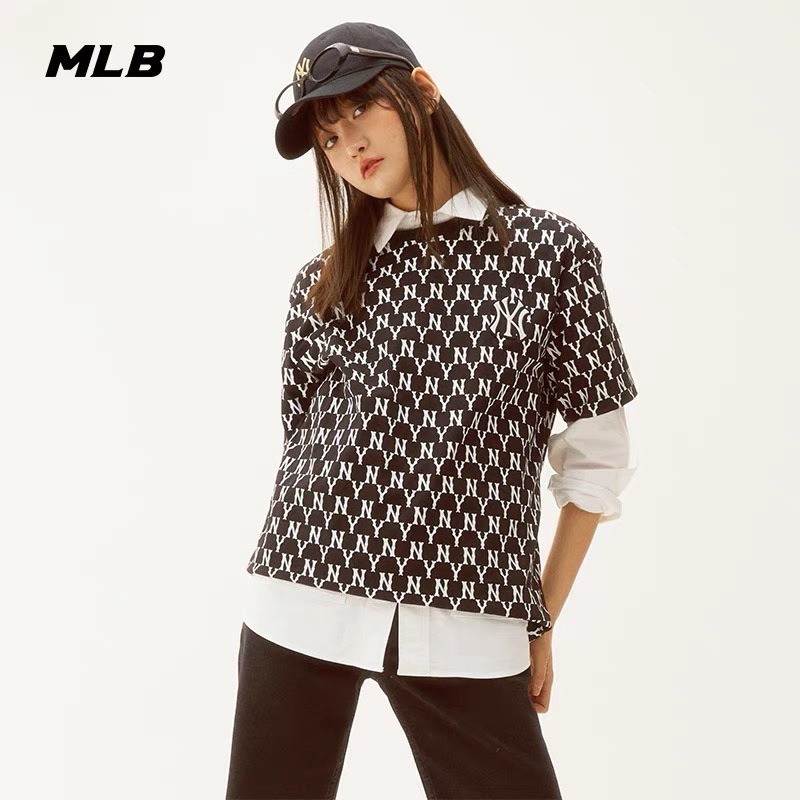 Áo thun tay lỡ MLB NY in Monogram phông Unisex nam nữ Cotton oversize form rộng