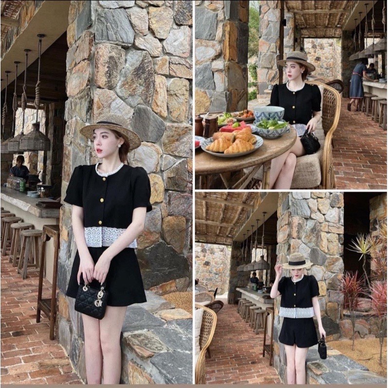 ( Bán sỉ): Set áo sơ mi pha ren mix quần sooc tuyết mưa dày dặn