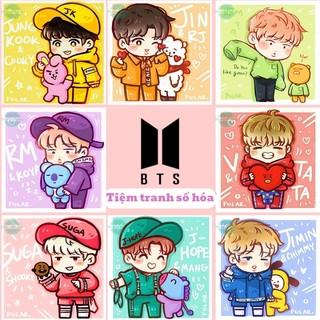 Tranh tô màu số hóa hình chibi bts - tranh tự tô theo số kích thước 20x20 đã căng khung sẵn kèm màu và cọ vẽ