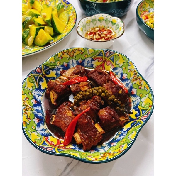 Siêu Sale - Bát Đĩa Gốm Sứ Decor, Bát Ăn Cơm, Bát Ăn Chè, Chén Dĩa Dễ Thương Bộ Bát Đĩa Thổ Cẩm Xanh Posimia