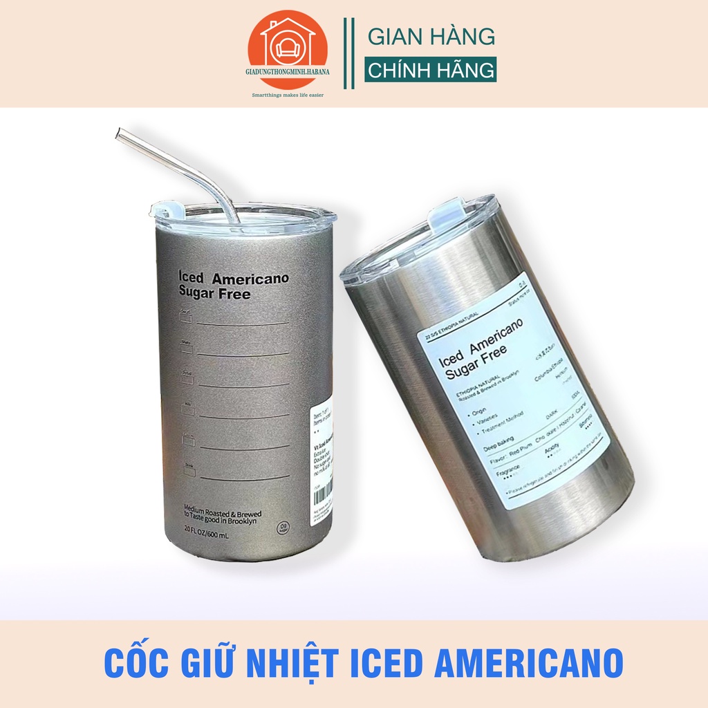 Cốc giữ nhiệt Iced Americano cao cấp (loại xịn đúc nguyên khối) dung tích 600ml làm bằng inox 304, có ống hút