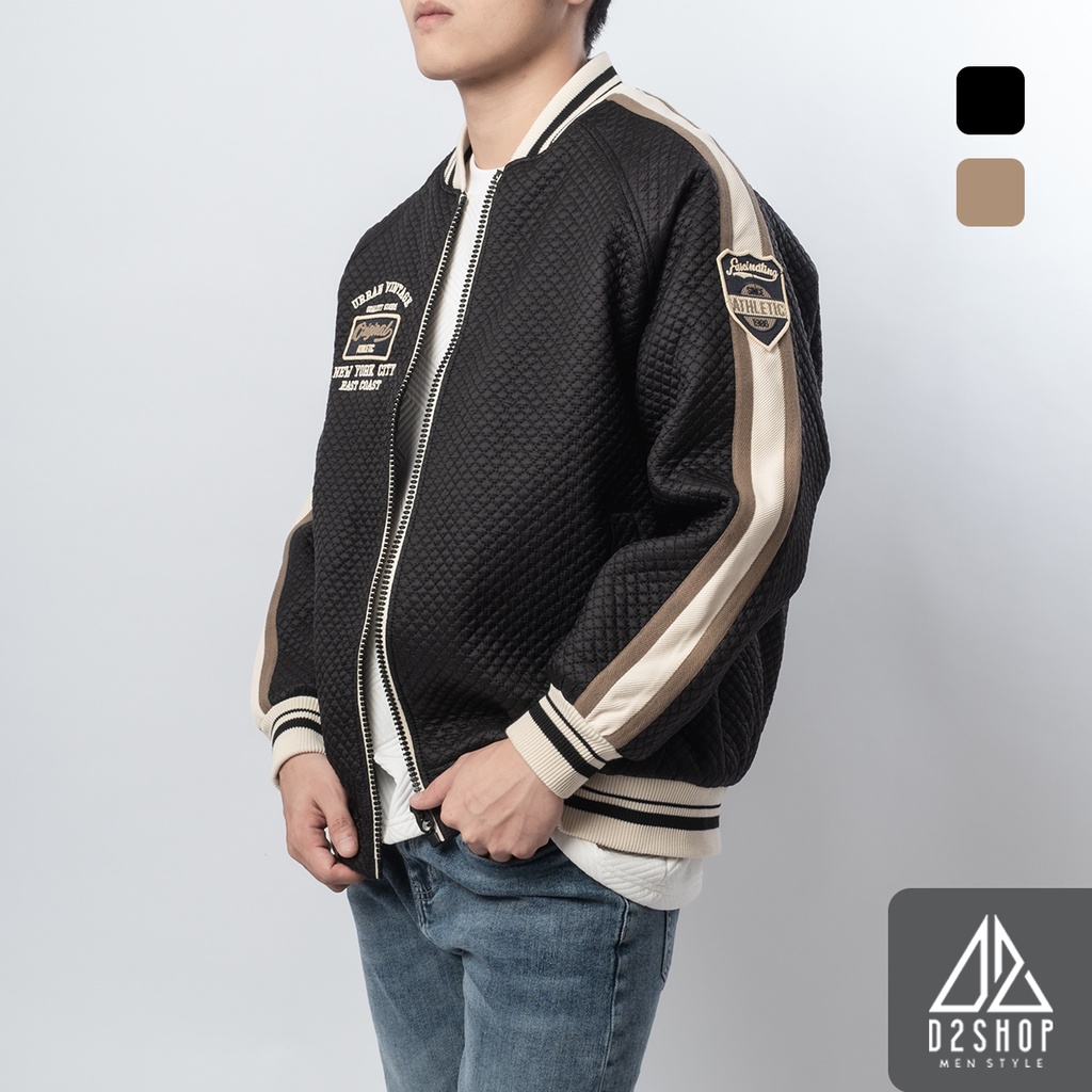 Áo khoác nam D2shop, áo khoác bomber dù chần bông phối viền vai Original, vải dù chần bông, màu đen, nâu [K-2262]