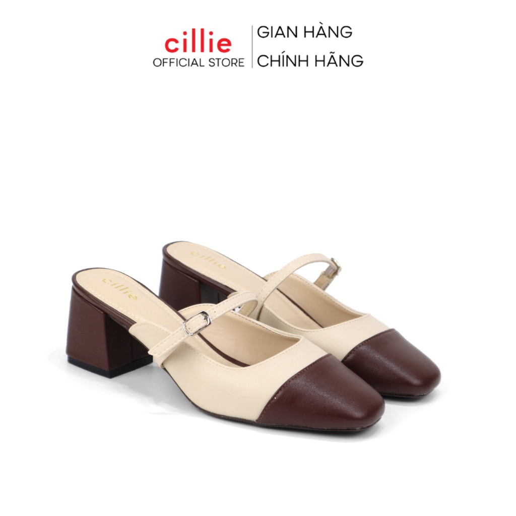 Dép sục cao gót Cillie nữ thời trang phối màu vintage retro quai ngang tiểu thư điệu đà gót vuông cao 5cm 1155