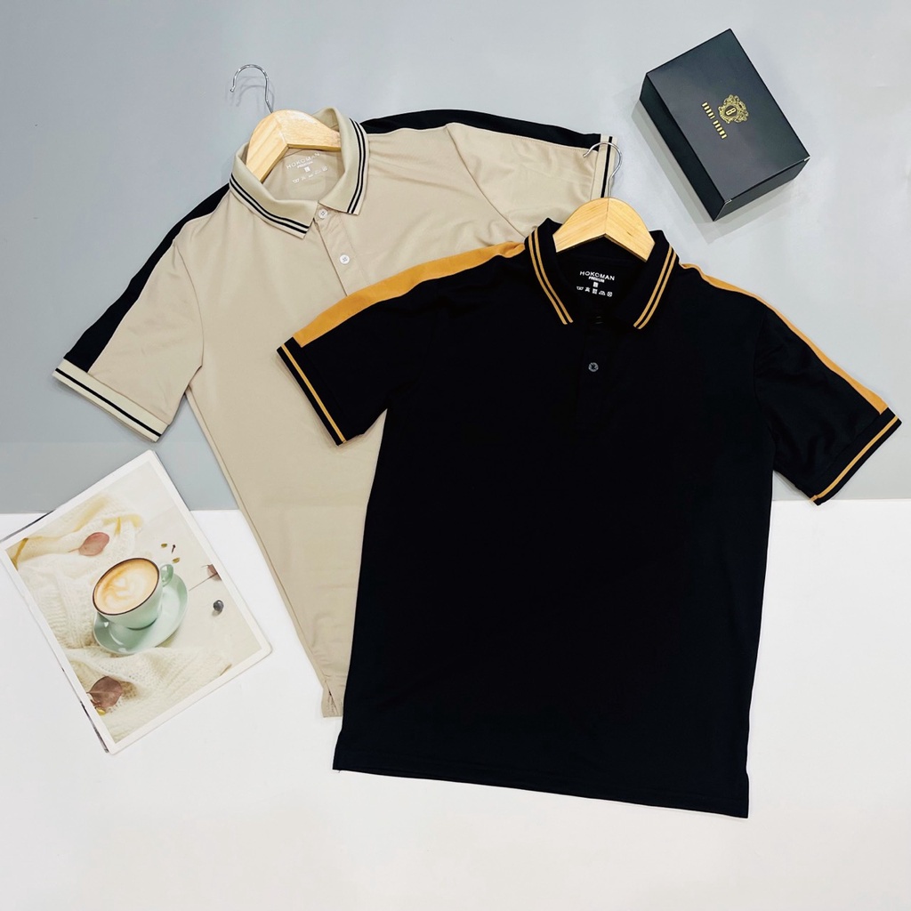 Áo thun polo nam cao cấp trơn tay ngắn phối sọc vai cam đen, chất poly cá sấu, sang trọng tinh tế