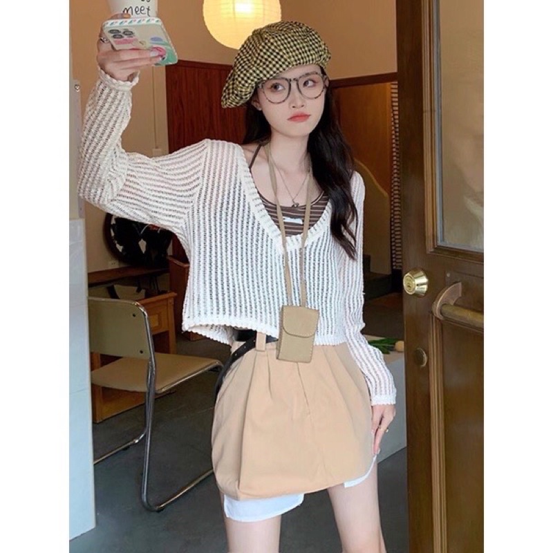 (Hàng QC) Set áo len lưới dệt kim dày tay mỏng nhẹ xuyên thấu cổ V | BigBuy360 - bigbuy360.vn