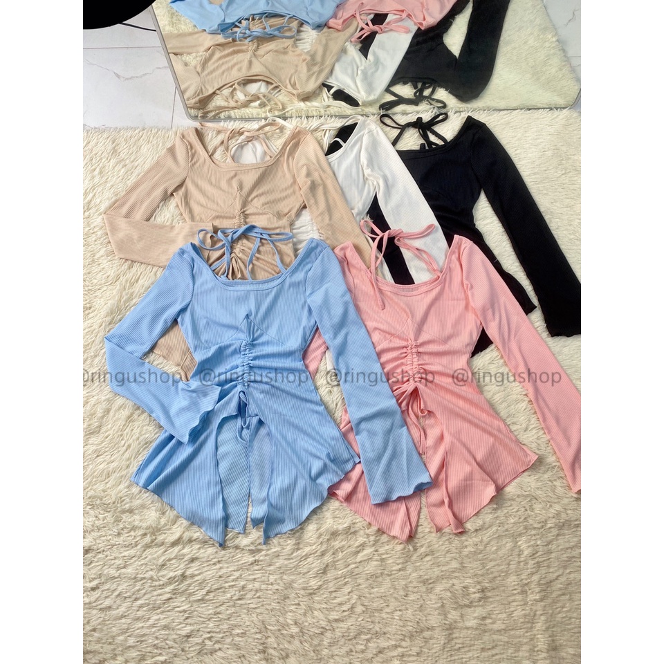[Mã TOPADD giảm đến 20k đơn 150k] Áo thun body nữ rút eo kiểu tay loa dây chéo cổ chất thun gân- ringu shop | BigBuy360 - bigbuy360.vn