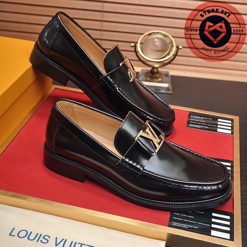 Giày lười nam cao cấp, giày loafer nam LV hàng hiệu màu đen, da trơn, đế cao – STORE III