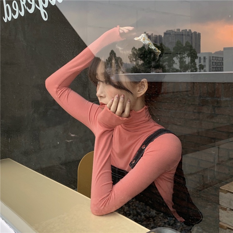 Áo Thun Tay Dài Cổ Cao Màu Sắc Đơn Giản Cho Nữ