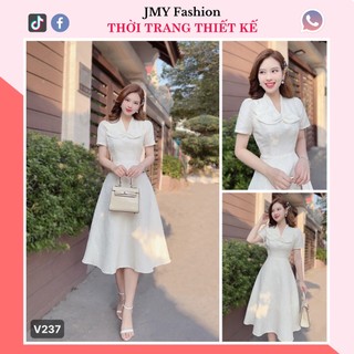 V237 Váy gấm trắng cổ nơ nữ tính dáng dài  [TH Hà Thanh & MC] váy trắng cổ V tiểu thư