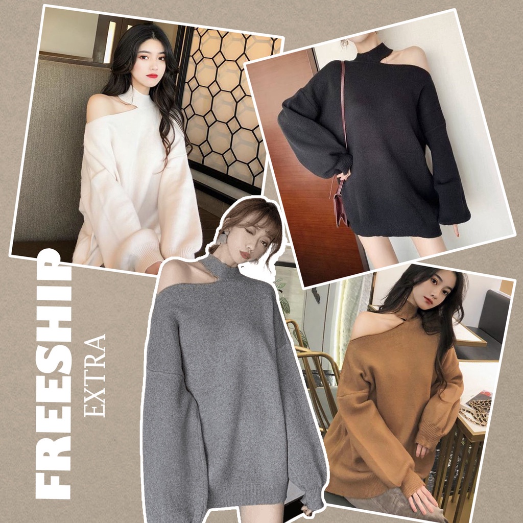 A034 Áo cổ lọ nữ khoét vai dài tay các màu Thun lệch vai form rộng trùm mông freesize Ulzzang