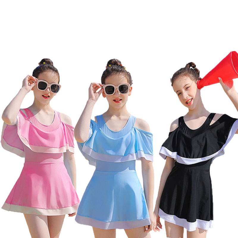 One Bộ Đồ Bơi Một Mảnh Màu Trơn Nhanh Khô Phối Lá Sen Tăng Chiều Cao 125-160CM Phong Cách Hàn Quốc Cho Bé Gái