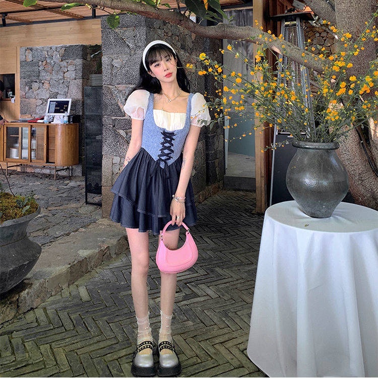 Váy babydoll đâm babydoll đâm du tiec Đầm Ngắn Cổ Vuông Tay Phồng Giả Hai Lớp Thời Trang Mùa Hè Cho Nữ