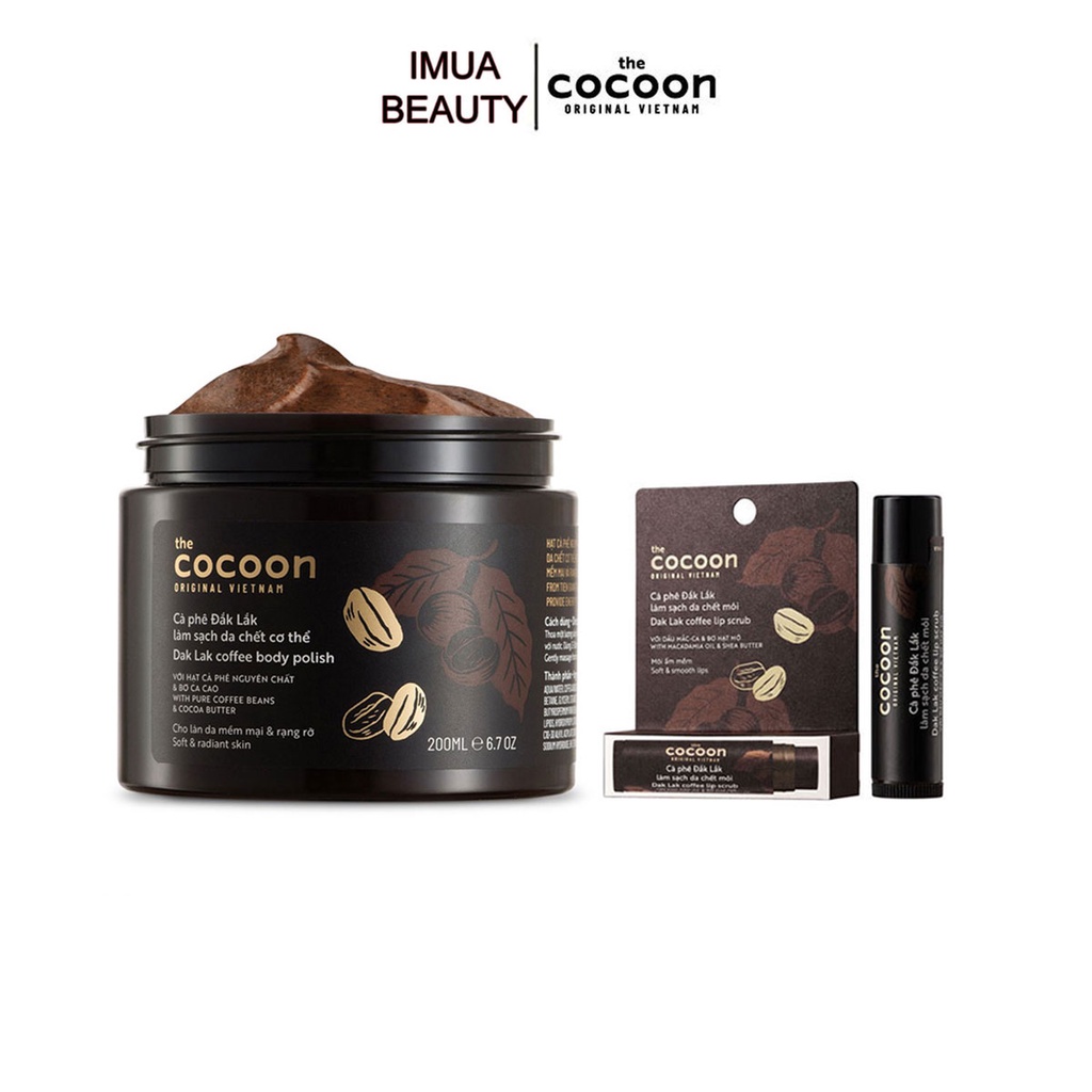 Bộ cà phê Đăk Lăk làm sạch da chết cơ thể body cocoon 200ml + son cà phê tẩy da chết môi cocoon 5g