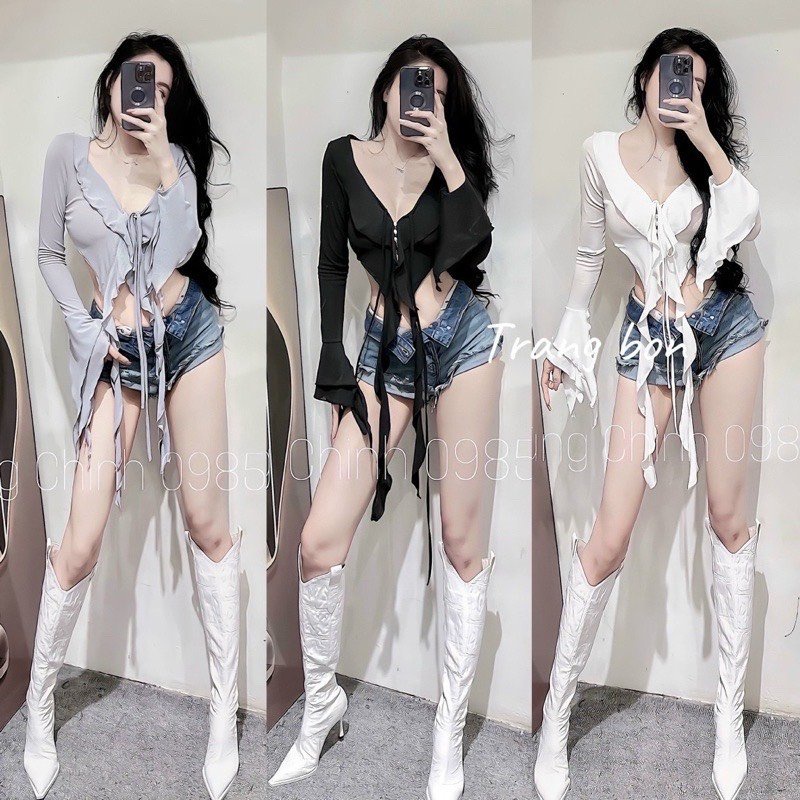 Áo thun croptop tay dài loe cổ viền bèo dây kiểu tua rua thắt eo 612 FIORI STORE