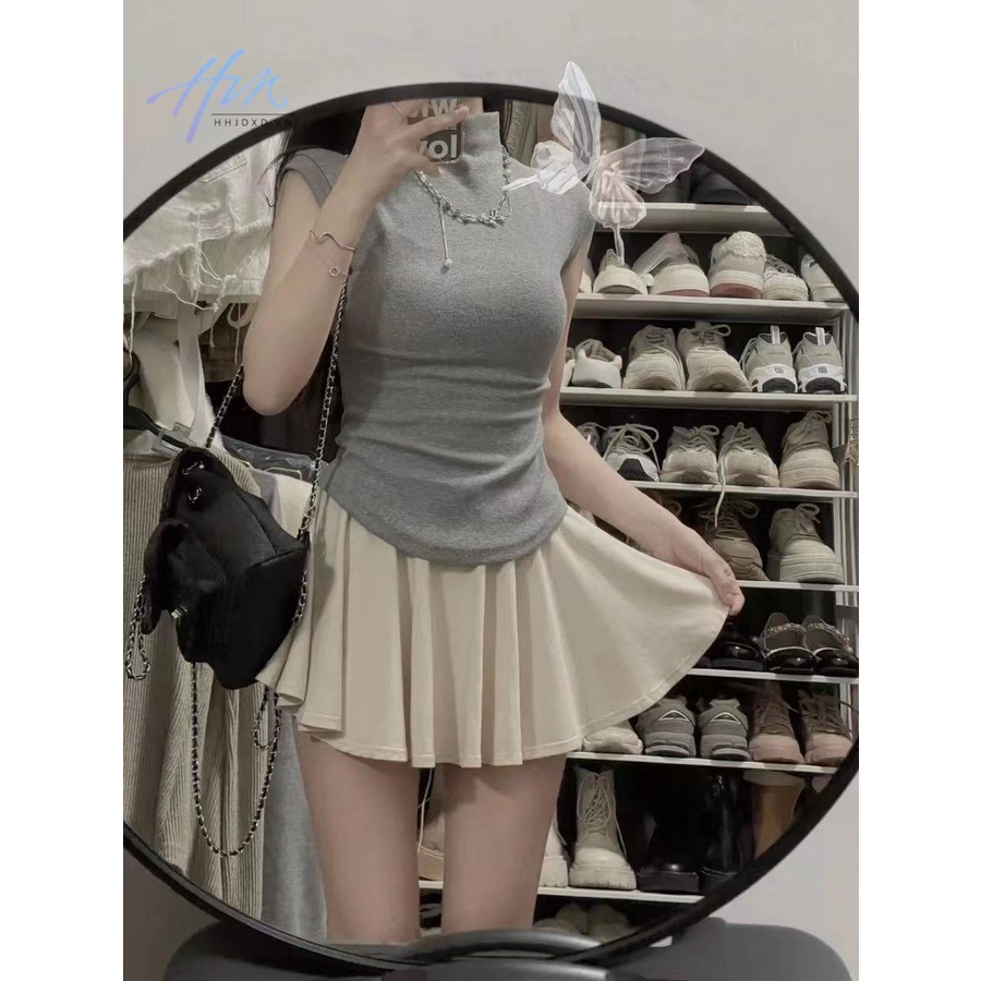 Áo Ngắn Tay Phong Cách Hoàng Gia Mùa Hè 23 Phong Cách Mới + Chân Váy Ngắn Xếp Ly Lưng Cao Cho Nữ