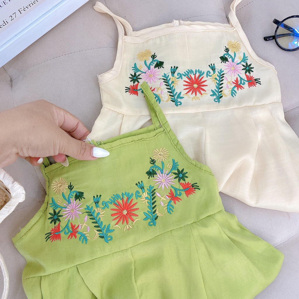 Bộ Body Bé Gái, Bộ Jumsuit Hai Dây Vải Đũi Xước Thêu Hoa Xịn Sò Cho Bé Gái Từ 8 - 18kg