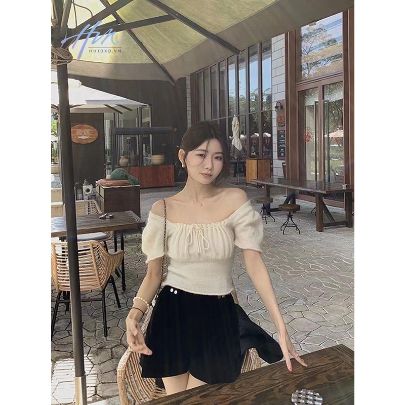 Áo Thun Dệt Kim Ngắn Tay Dáng Ôm Thiết Kế Rút Dây Xếp Ly Kiểu Pháp Thời Trang Cho