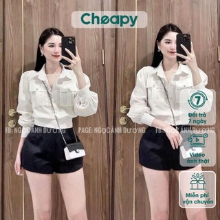 Áo sơ mi nữ trắng dài tay túi hộp bo gấu freesize dáng lửng croptop cá tính hàn quốc Cheapy C1379