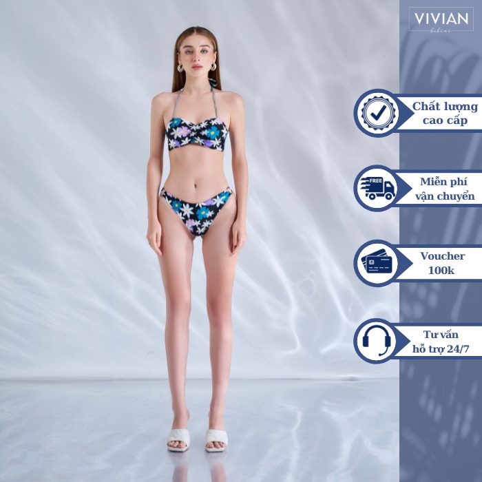 Đồ bơi nữ cao cấp 𝐕𝐈𝐕𝐈𝐀𝐍 dạng hai mảnh may lộn phối dây xích bạc - màu Floral - VS171_FLO