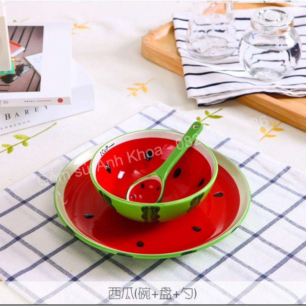Siêu Sale - Bát Đĩa Gốm Sứ Decor, Bát Ăn Cơm, Bát Ăn Chè, Chén Dĩa Dễ Thương Bộ Bát Đĩa Sét Bát Đĩa Dưa Hấu 13 Món