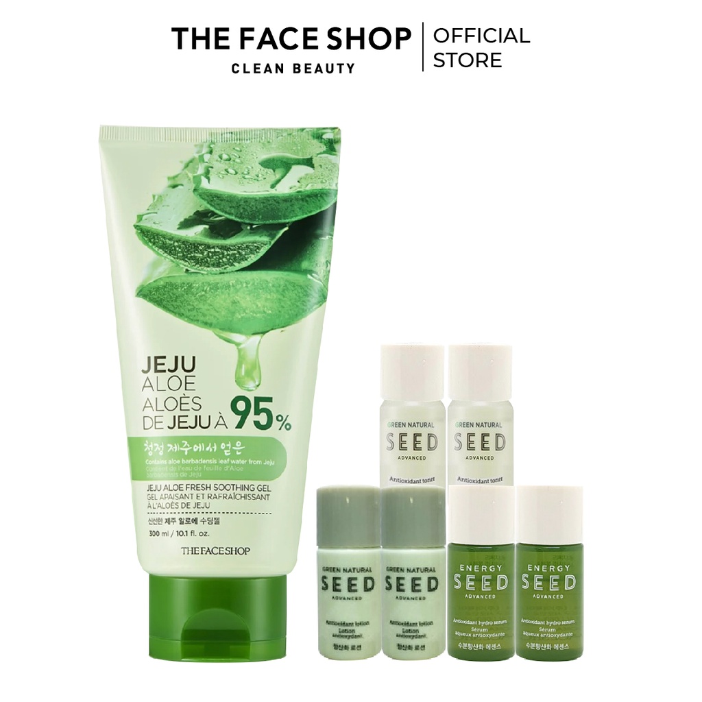 Combo Gel Dưỡng Da Đa Năng THE FACE SHOP Jeju 300ml+Bộ dưỡng (Sữa Dưỡng,Tinh Chất,Nước Cân Bằng) 5Ml