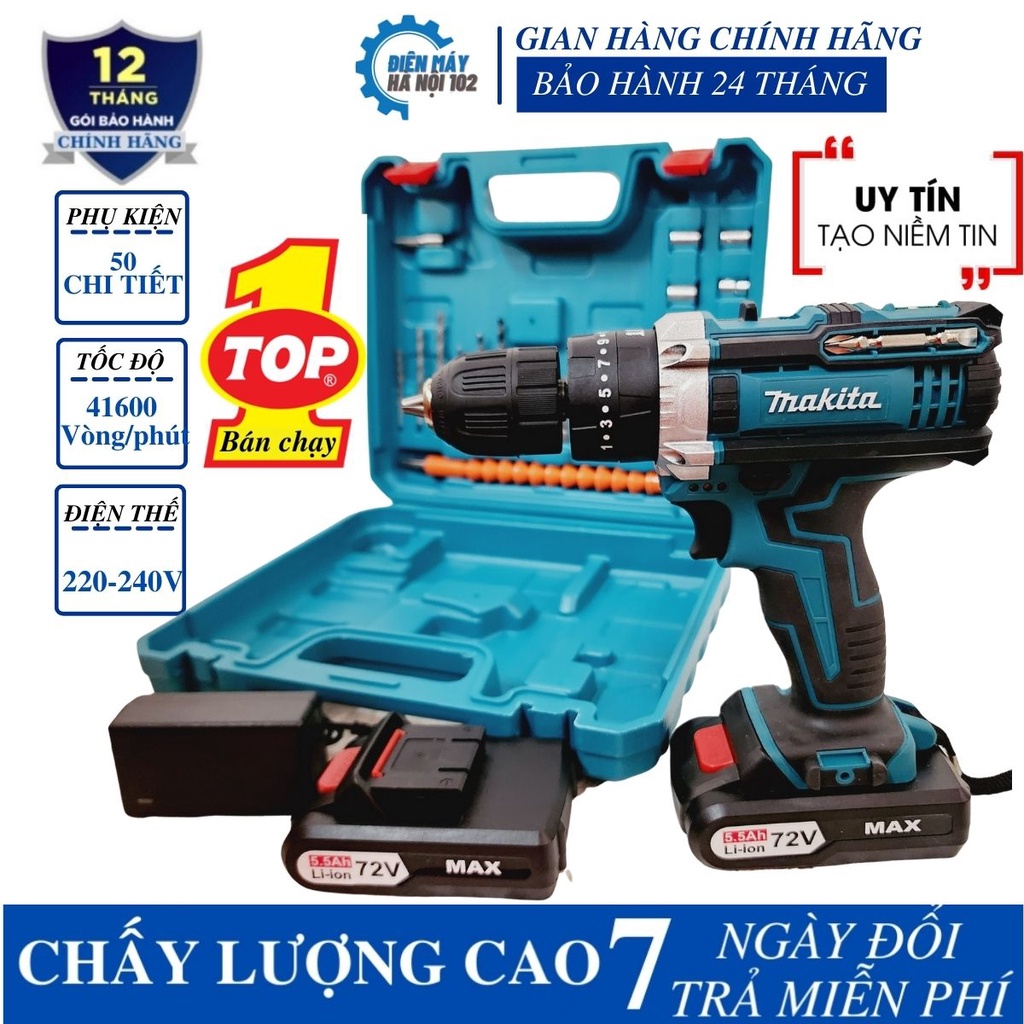 Máy khoan Makita 72V 3 Chức Năng, 24 Phụ kiện, - Máy bắt vít Makita lõi đồng 100% bảo hành 24 tháng