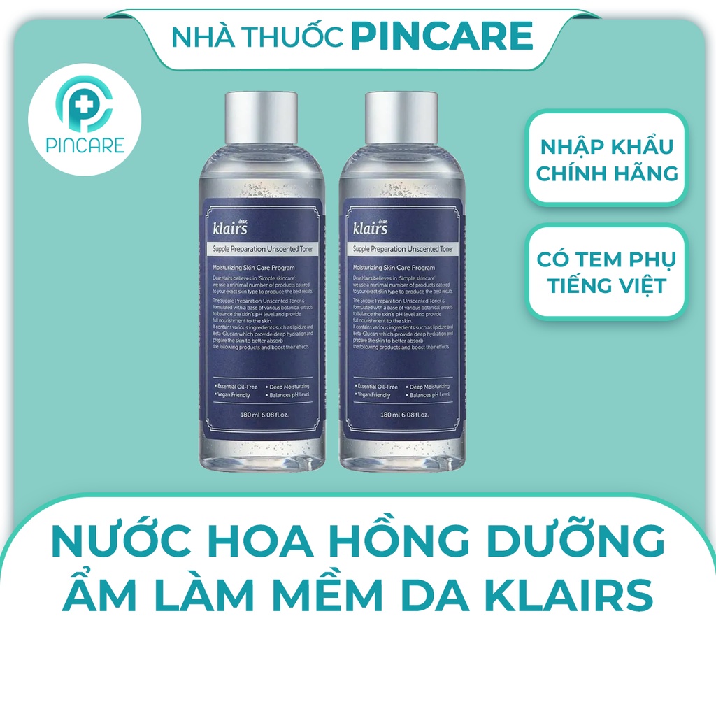 Nước hoa hồng dưỡng ẩm làm mềm da Dear, Klairs Supple Preparation Unscented Toner 180ml - Nhà thuốc Pincare
