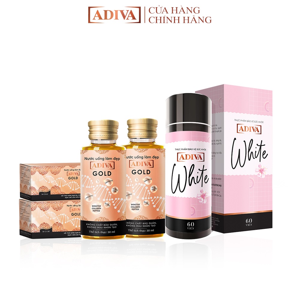 Combo 2 Hộp Nước Uống Làm Đẹp Collagen ADIVA Gold (14 Chai/Hộp) + 1 Hộp Viên Uống Trắng Da ADIVA White 60 Viên