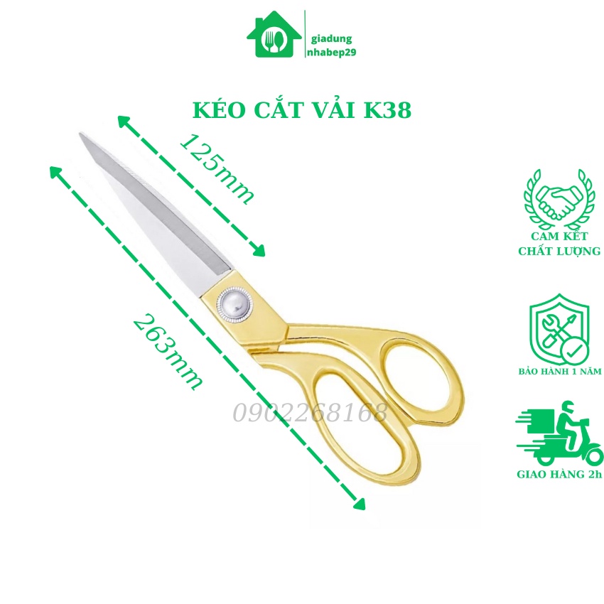 Kéo cắt vải, kéo thợ may K38, siêu sắc bén, cán vàng, dài 263mm