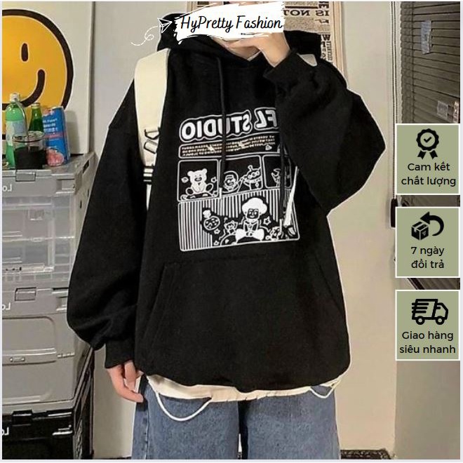 Áo hoodie nam in hình gấu form rộng chữ UNFL STUDIO, áo khoác hoodie nữ local brand cặp đôi có mũ HYPRETTY AH01