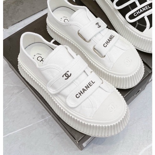 Giày thể thao nữ quai dán màu trắng chữ logo C C Nguyên hộp hãng cao cấp