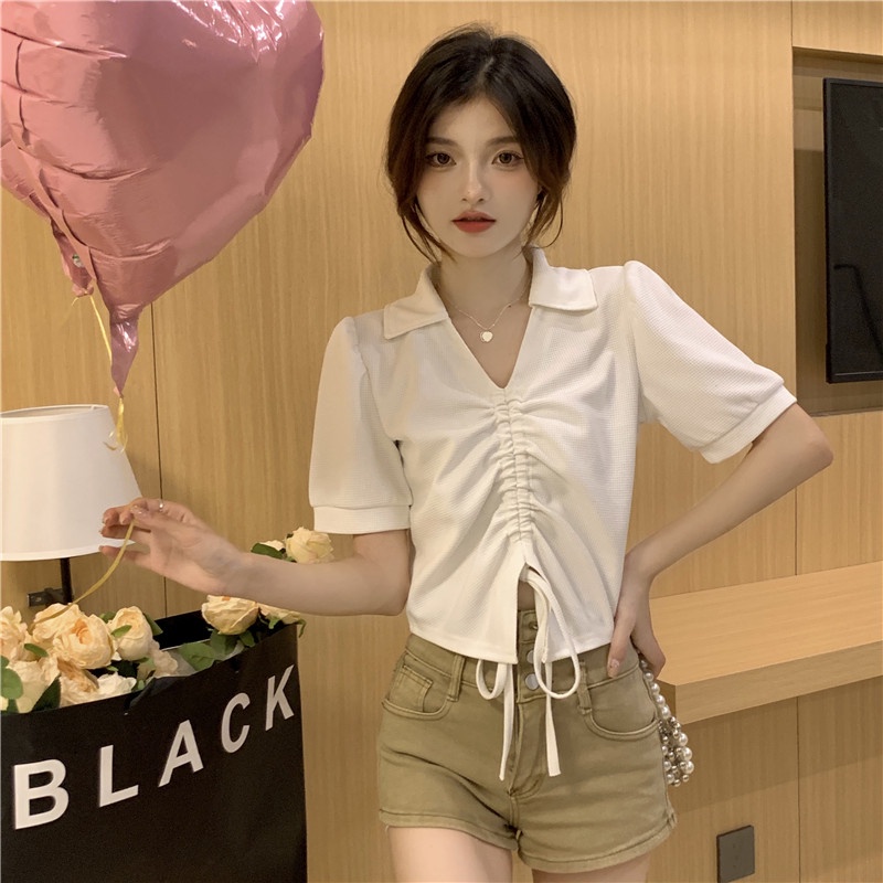 QADCOL  Áo Thun Tay Ngắn Cổ polo Màu Trắng Thời Trang Mùa Hè Cho Nữ